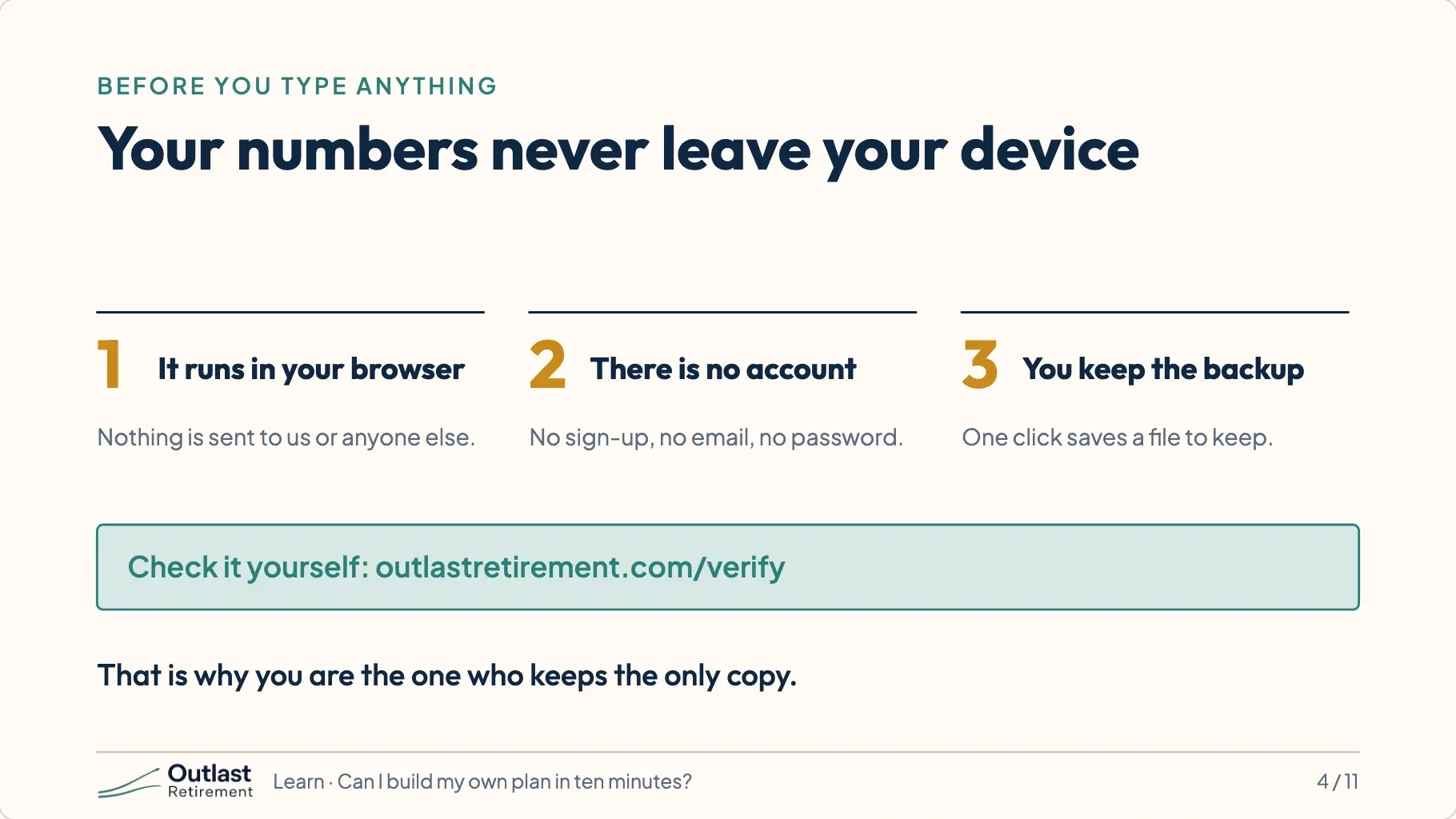 Your numbers never leave your device. Three points: it runs in your browser, there is no account, and you keep the backup. You can check it yourself at outlastretirement.com/verify.
