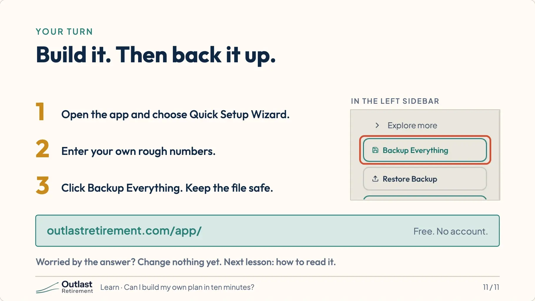 Three steps: open the app and choose Quick Setup Wizard, enter your own rough numbers, and click Backup Everything in the left sidebar. A picture shows where the Backup Everything button is.