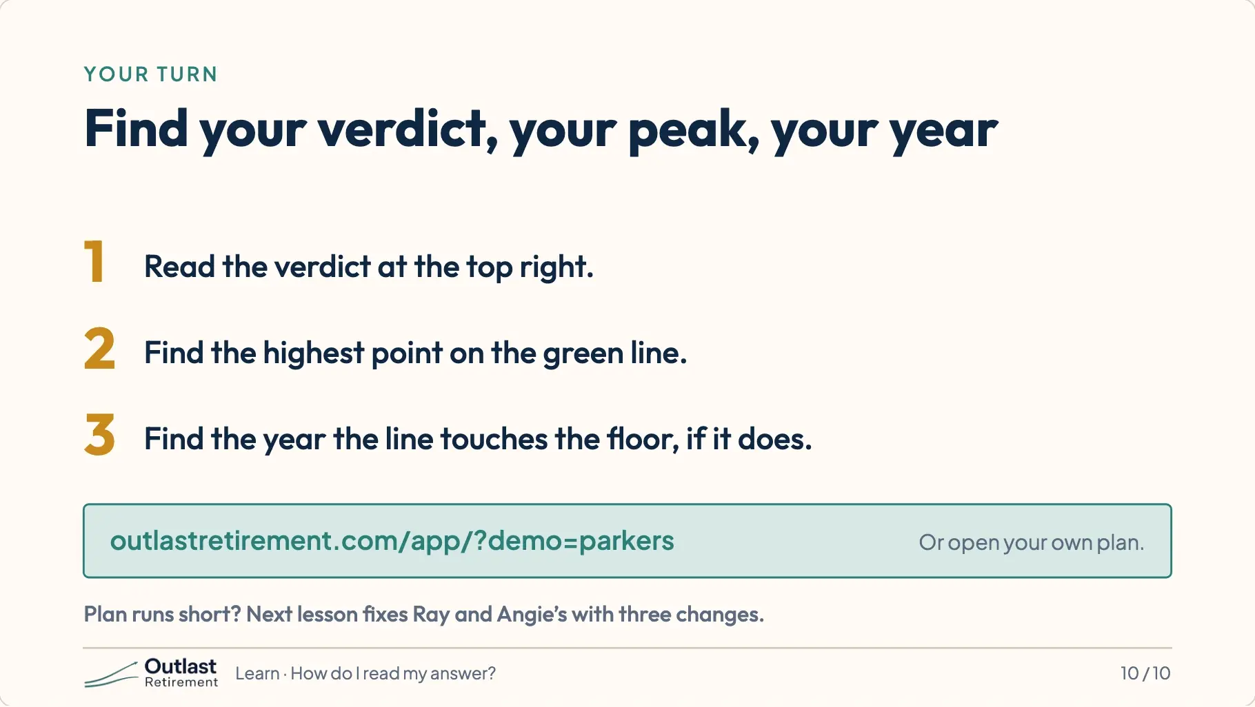 Three steps: read the verdict at the top right, find the highest point on the green line, and find the year the line touches the floor, if it does. Below, the link to Ray and Angie’s plan.