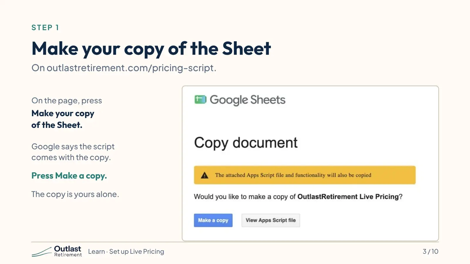 The pricing-script page button, and Google’s Copy document page with the yellow script note.