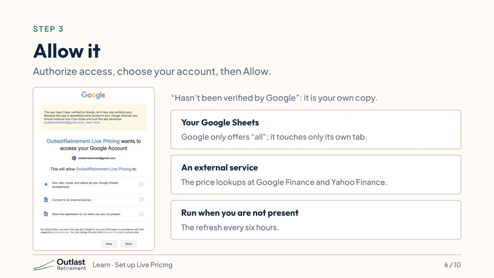 Google’s permission review screen showing access to spreadsheets, external services, and running when offline.