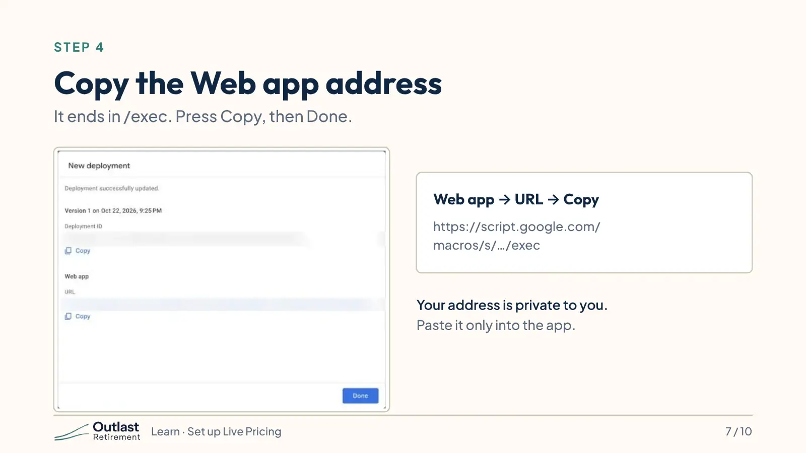 Google deployment dialog showing the Web app URL ending in slash exec with the Copy button.