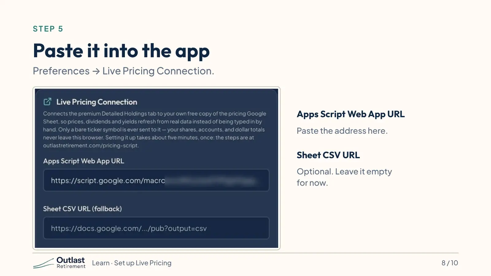OutlastRetirement Preferences page under Live Pricing Connection with the URL pasted into the box.