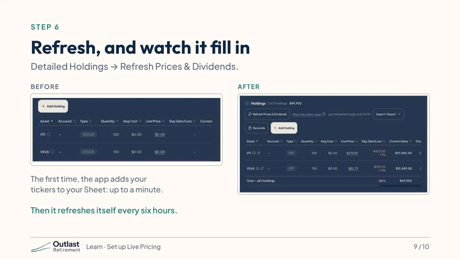 Detailed Holdings panel before and after pressing Refresh Prices and Dividends, showing live prices and change figures.