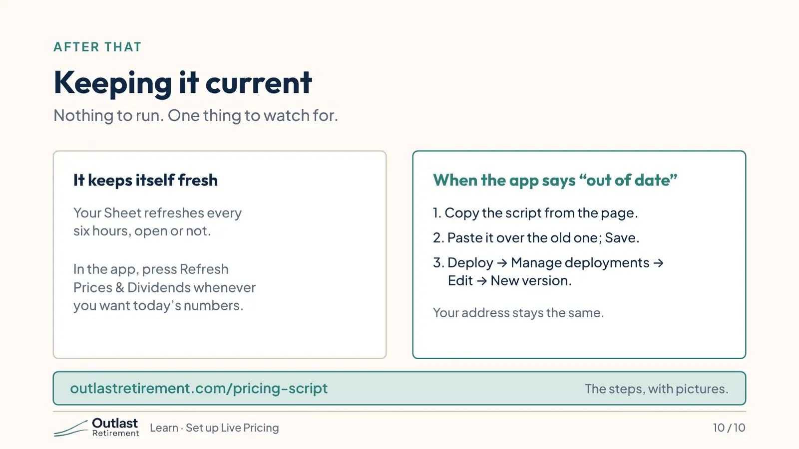 Summary of background refreshes and how to update the script when a new version is released.