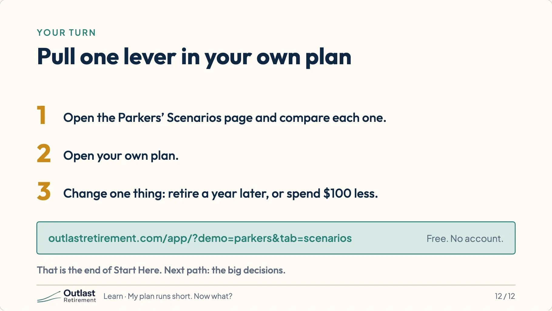 Three steps: open the Parkers’ Scenarios page and compare each one, open your own plan, and change one thing, such as retiring a year later or spending $100 less. Below, the link to Ray and Angie’s Scenarios page.