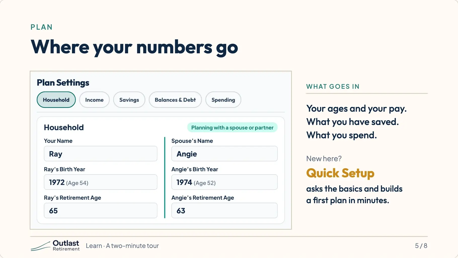 The Plan page, open on Household, with tabs for Income, Savings, Balances and Debt, and Spending.