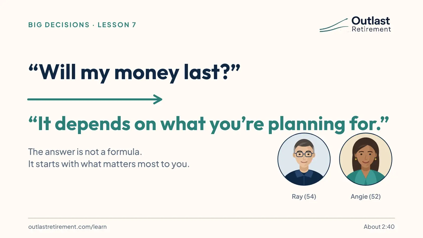 Title slide: “Will my money last?” leads by an arrow to “It depends on what you’re planning for.” The answer is not a formula; it starts with what matters most to you. With portraits of Ray, 54, and Angie, 52.