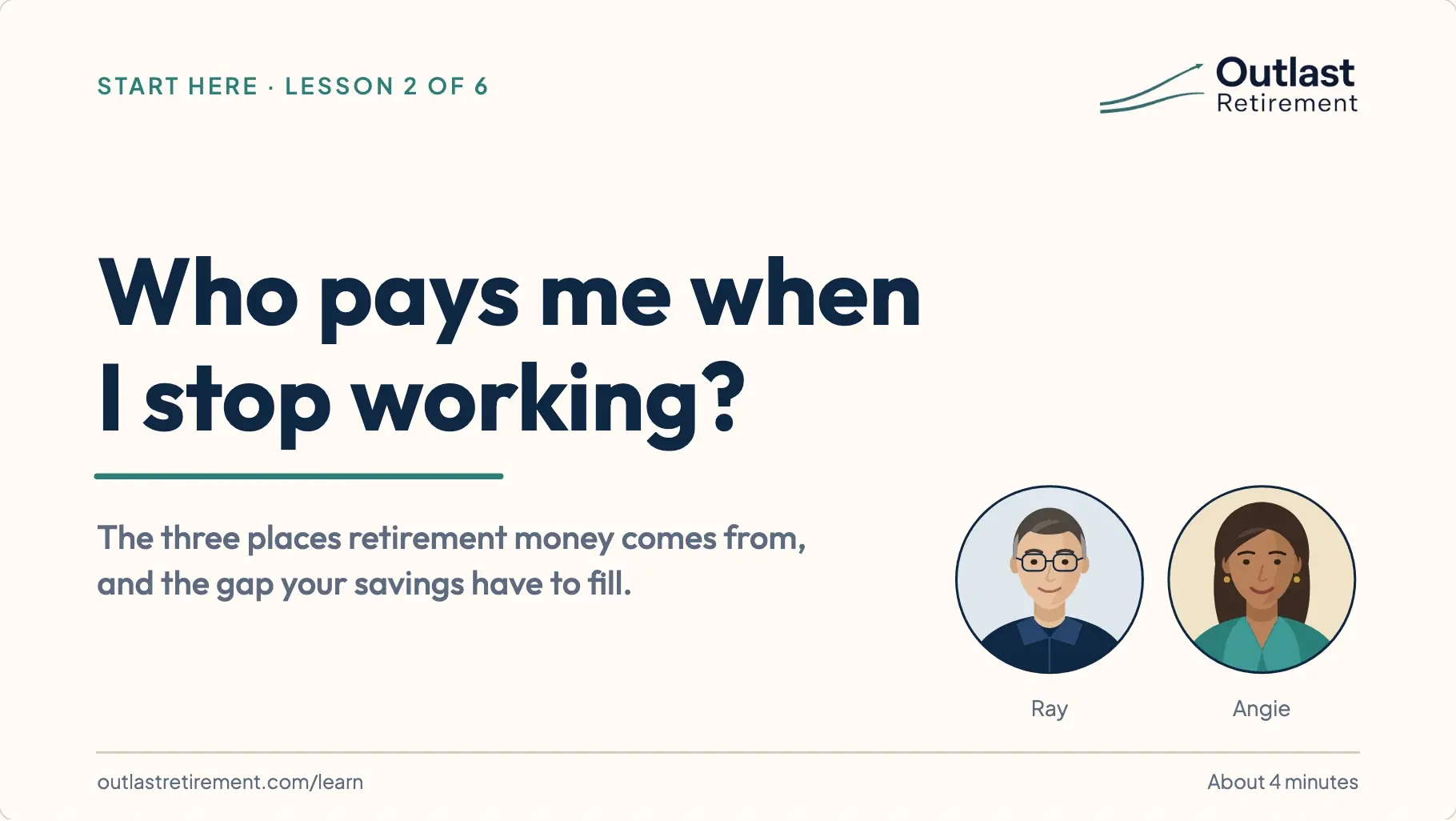 Title slide: Who pays me when I stop working? The three places retirement money comes from, and the gap your savings have to fill. With portraits of Ray and Angie.