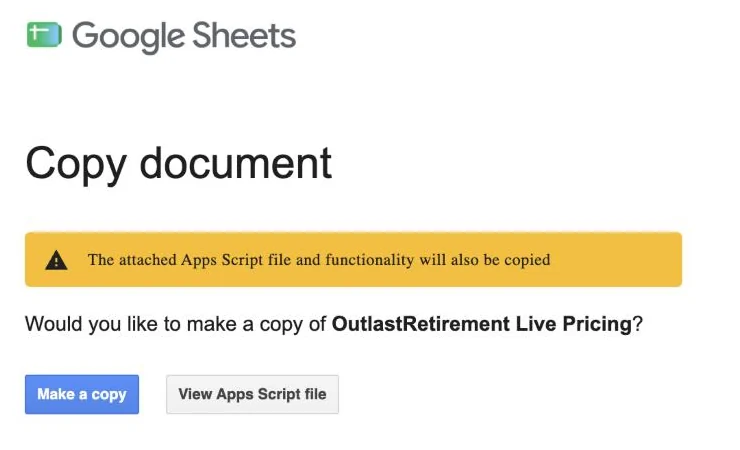 Google Sheets&rsquo; Copy document page: a yellow note says the attached Apps Script file will also be copied, and a Make a copy button.