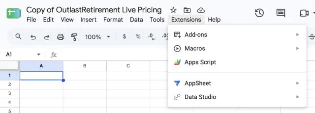 The Sheet&rsquo;s Extensions menu open, with Apps Script in it.