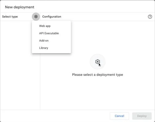The New deployment dialog with the type list open beside the gear: Web app is the first choice.