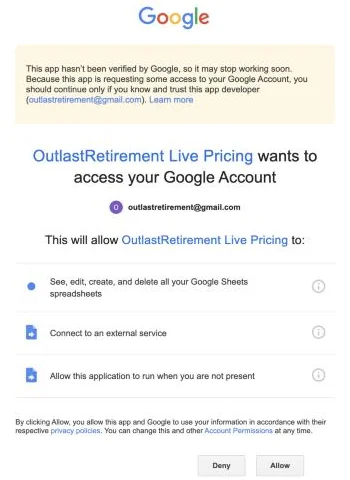 Google&rsquo;s permission page: a note that the app hasn&rsquo;t been verified by Google, the three things it asks to do, and Deny and Allow buttons.