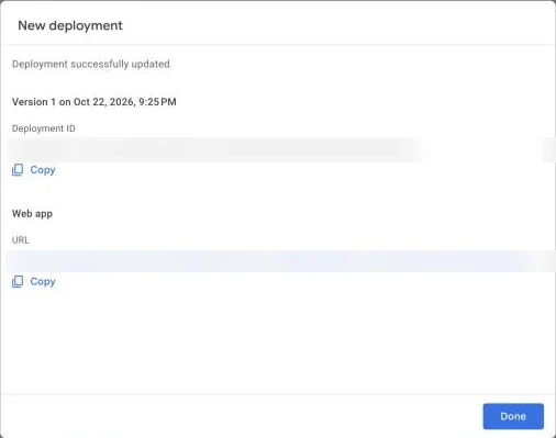 The deployment is done: a Web app URL with a Copy link under it (the address is blurred here) and a Done button.