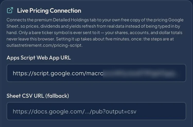 The app&rsquo;s Live Pricing Connection settings, with the Web app address pasted into Apps Script Web App URL (partly blurred here).