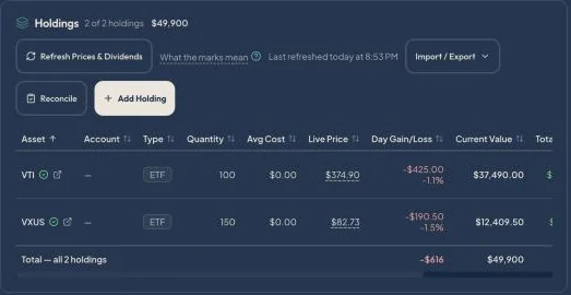 Detailed Holdings after a refresh: VTI and VXUS with live prices, the day&rsquo;s change and current values, and Last refreshed today.